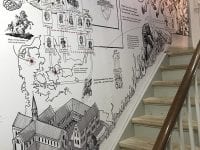 En af idéerne er at montere en tegneserie på trappeskaktens vægge. Her ses samme idé fra Sorø Museum. Kunstneren er Erik Petri, der også har tegnet plakaterne til Ringsted Middelalderfestival de sidste par år.