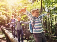 Happy kids hiking in a forest. Children are walking on a faller tree trunk, balancing with arms outstretched.
