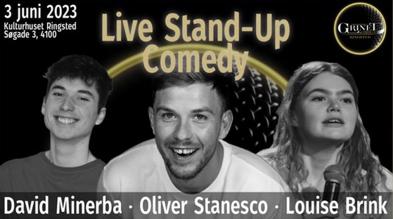 Grinet Comedy Club - Oliver Stanesco, David Minerba og Louise Brink.
